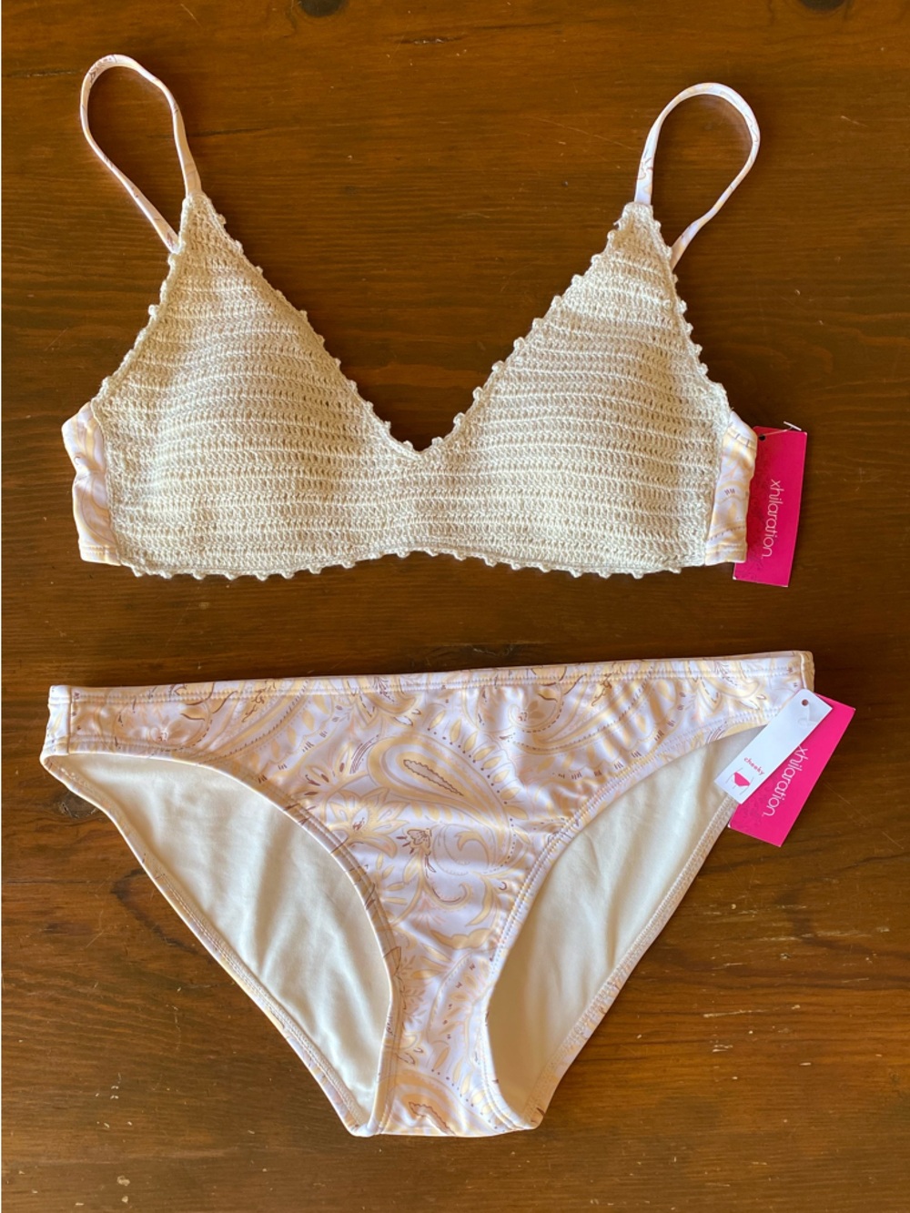 NWT Cream Crochet Bralette Bikini Top & Paisley Bikini Bottom